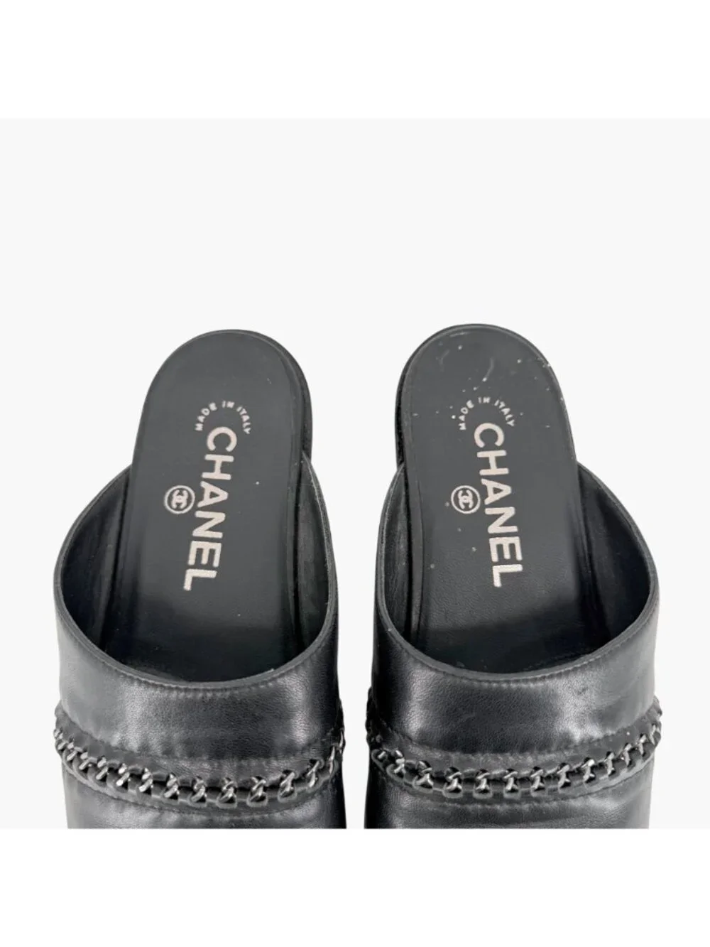 Chanel Black Leather CC Chain Mule Slip On Clogs Flats Size 36 US 5–5.5 Women's